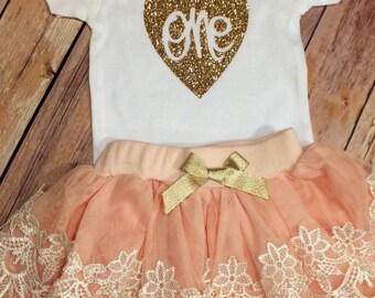 1st Birthday Girl Outfit, CUSTOMIZE, 1st birthday outfit, Peach / Pink Lace tutu, Girls birthday outfit, Cake smash photo prop Princess Tutu