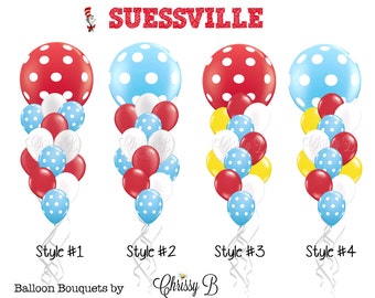 DR SEUSS Inspired Balloon Bouquet - Red, White and Turquoise Giant Balloon Bouquet - Giant 36 In Balloon Mixed w/ 12 Latex - Dr Suess Decor