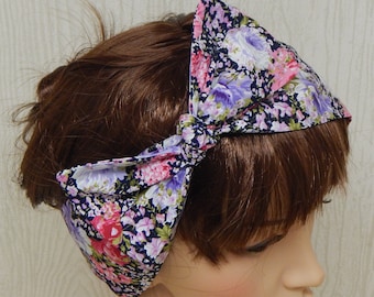 Retro Style Headband, Tie Up Headscarf, Dolly Bow Hair Bow, Vintage Cotton Hair Wrap, Womens Head Scarf