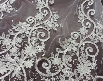 Ivory lace fabric, Embroidered lace, French Lace, Wedding Lace, Bridal lace, White Lace, Veil lace, Lingerie Lace, Alencon Lace by the yard