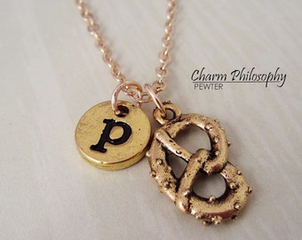 Gold Pretzel Necklace - Initial Necklace - Antique Gold Pewter Jewelry - Pretzel Charm