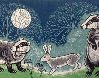 Someone's There, Lino Print, Badger card, Rabbit and Badger card, blank card, Woodland card, every occasion card, Magical card,card for all