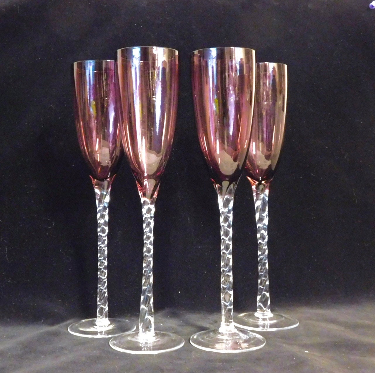 Hand blown champagne flutes amethyst glass bowls twisted
