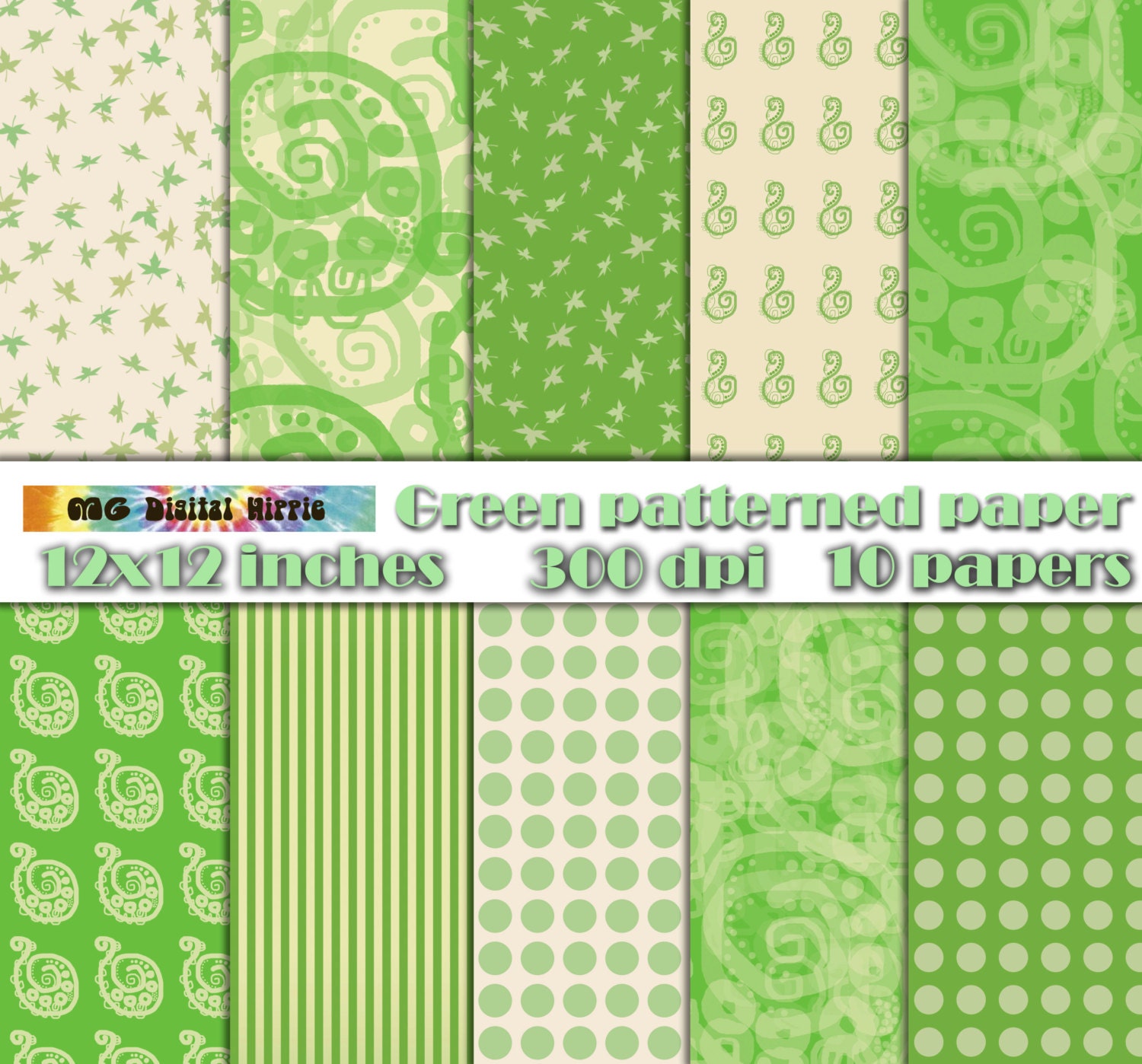 Digital patterned paper Green yellow Paper Pack Green