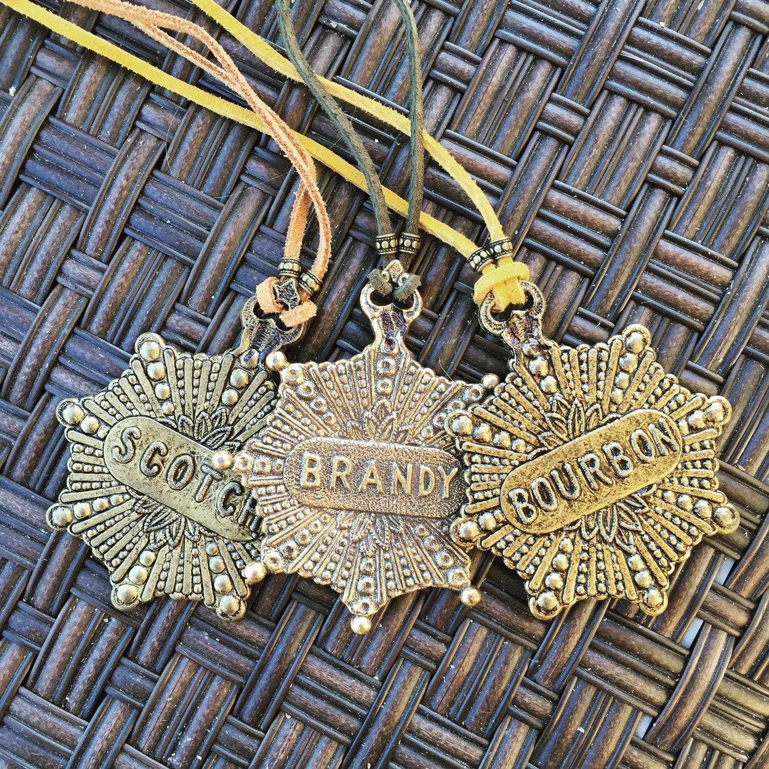 SALE Suede & Vintage Brass Decanter Label by ThreeWolvesTrading