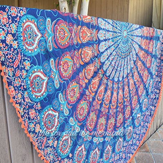 Round mandala quilt with pompoms and by TheFoxAndTheMermaid