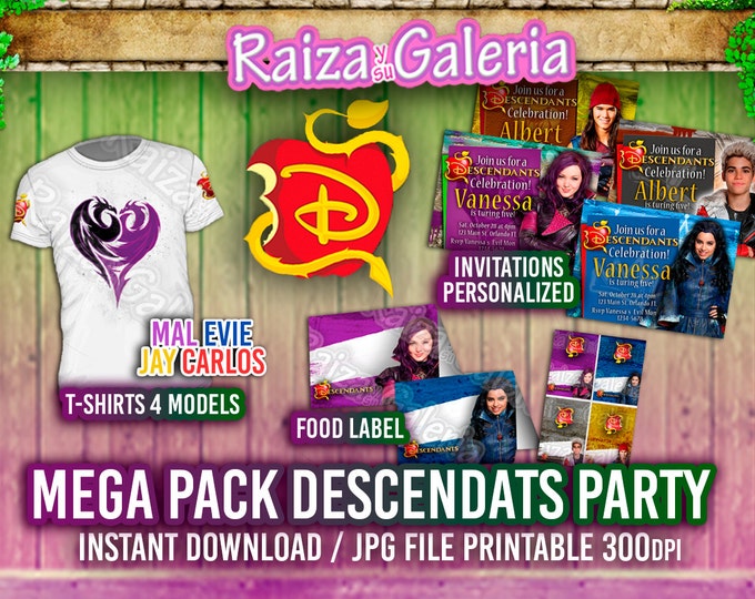 MEGA PACK - Disney Descendants Party - Happy Birthday Banner, Invitations Personalized, Food Labels, Hats, T-Shirt, Cupcake, Watter Bottle