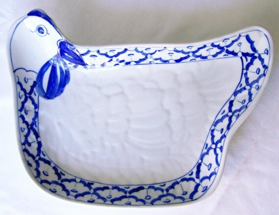 Ceramic Chicken Shaped Plate Hand Painted Blue And White Platter