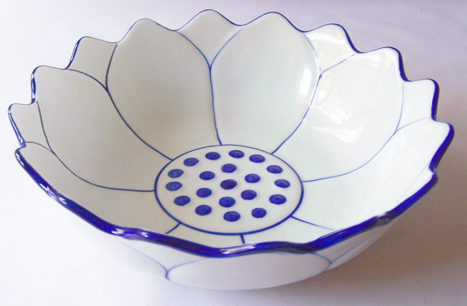 CERAMIC Flower Shaped BOWL White Lotus Hand Painted Asian Blue
