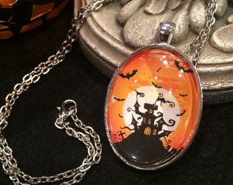 Orange and Black Haunted House with Bats and Full Moon Bronze or Silver Halloween Pendant Necklace