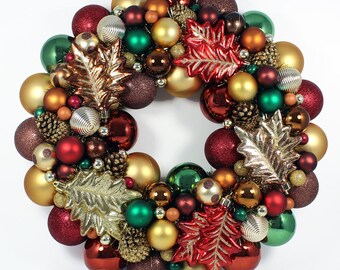 Fall Leaves Wreath - Autumn Decoration - Ball Ornament Wreath - Seasonal Decor - 18 Inch Wreath - Fall Colors - Shatterproof - Pinecones