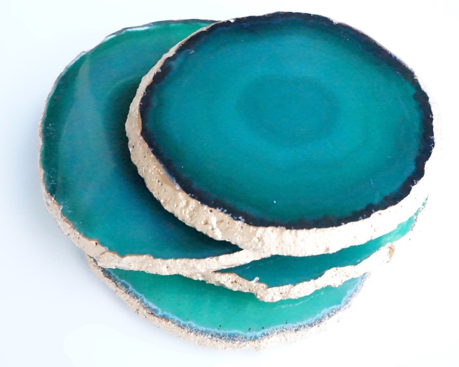 Emerald Green Agate Coasters SET OF 4 Gold Rimmed