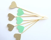 20 Gold and Mint Heart Cupcake toppers Food picks. Wedding Bridal shower, Birthday Party, Baby Shower, Decor
