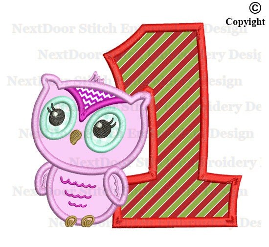 Owl embroidery design cute girly owl 1st birthday number 1