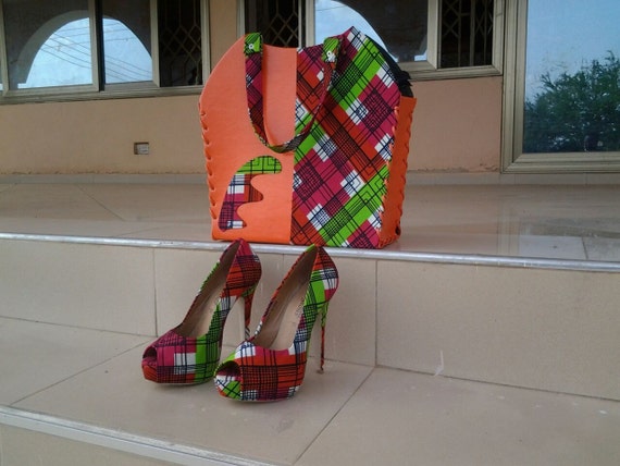 African Peep-toe High Heels and Bag / African shoes / Ankara Heels / African Clutch / African Stiletto / Pumps