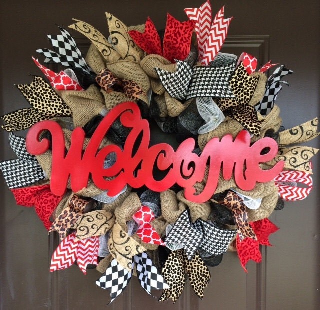 RED Welcome sign on burlap with black and white