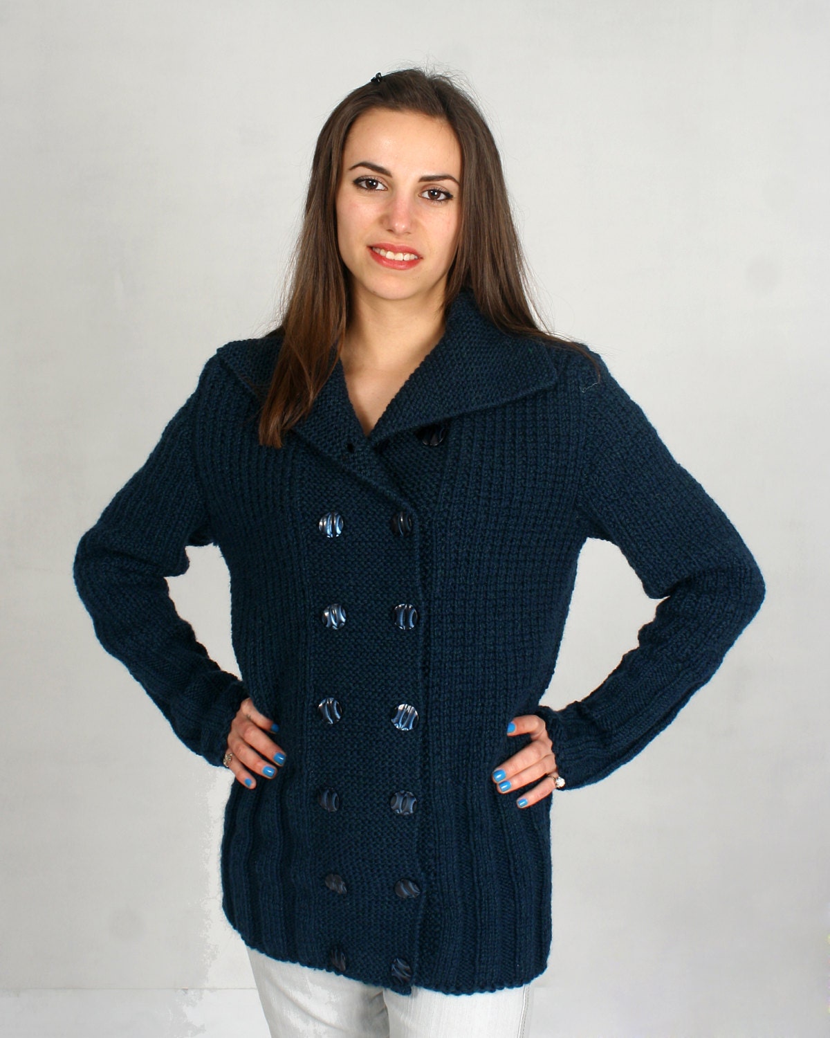 Ready Black handmade wool cardigan women knit woolen jacket