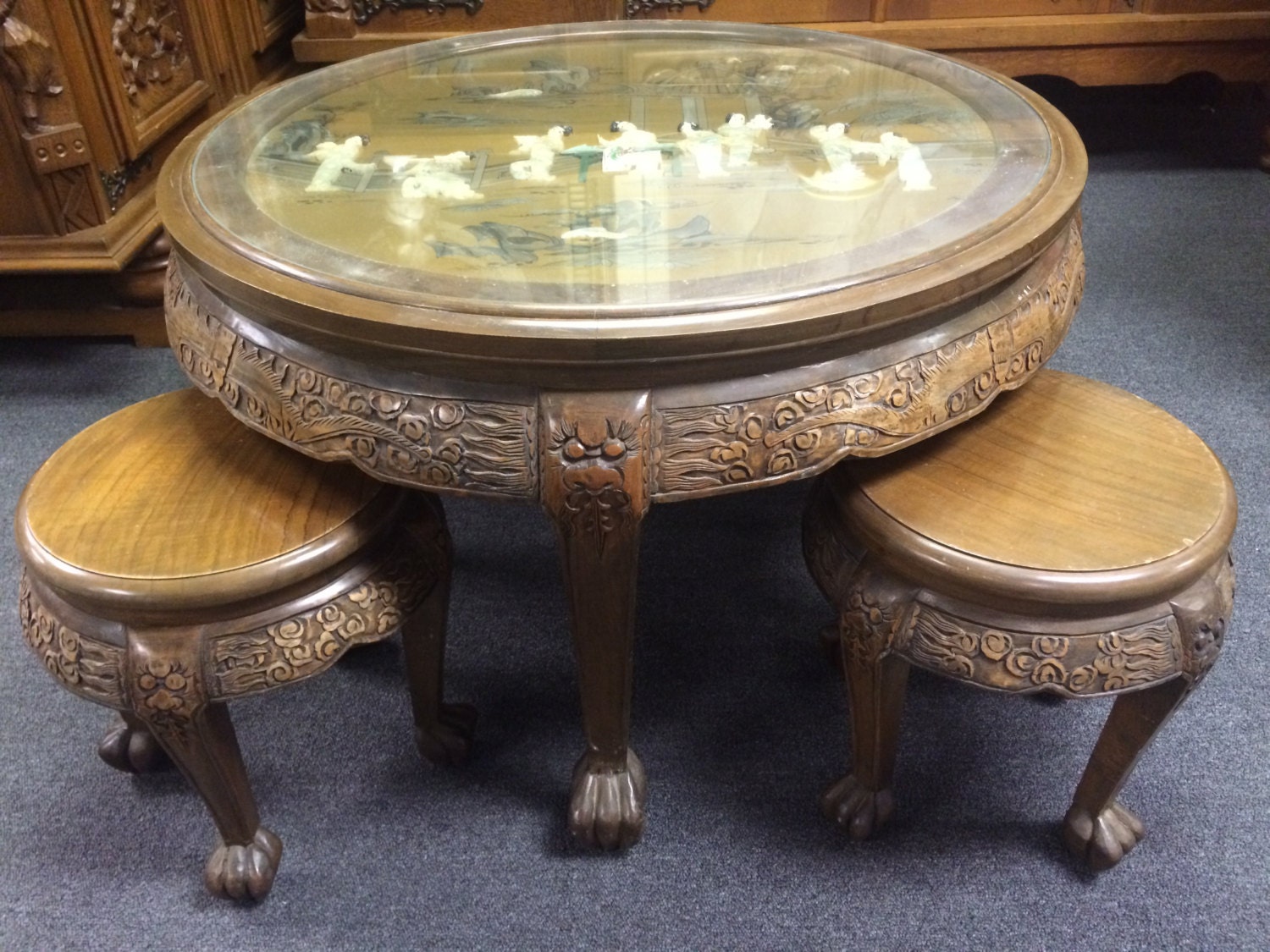 Asian HandCarved JadeEmbossed Table w/ 4 Stools Haute Juice