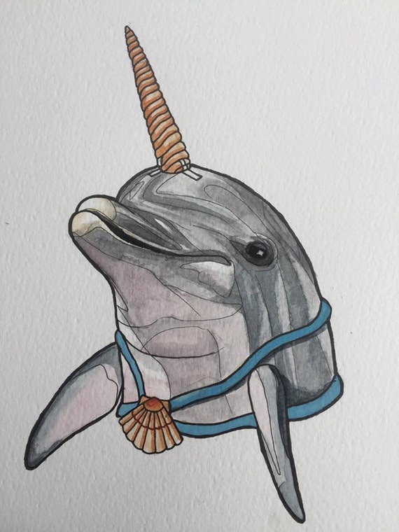 Dolphin unicorn A4 watercolour painting by HelenPaintsStuff