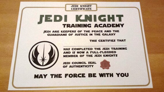 Items similar to Star Wars inspired printable Jedi Knight certificate ...