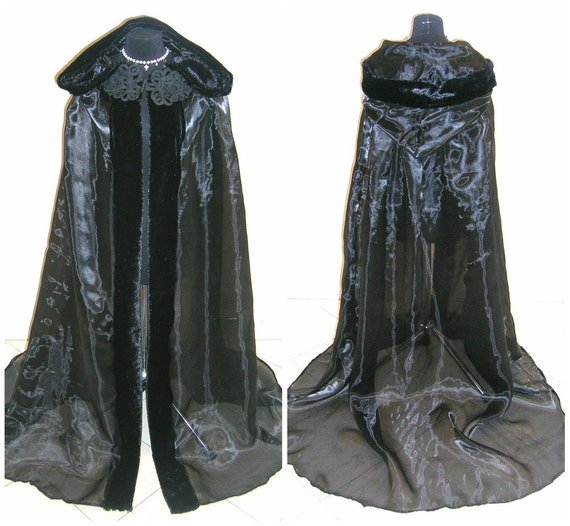 FUR medieval cloak black cape wedding dress handfasting