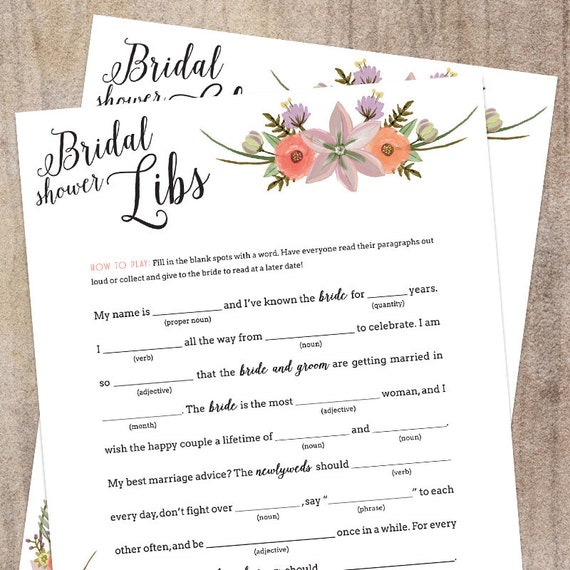 Mad Libs Game for Bridal Shower Floral by sabrinahudakdesigns