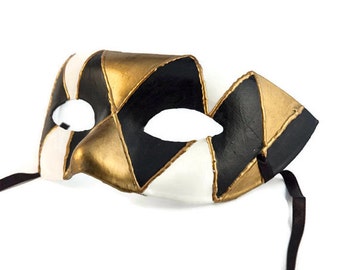 Masquerade mask, Mardi Gras,Venetian Masks Black Male Mens Venetian Ball Mask: Harlequim Venetian Mask black white and gold for men