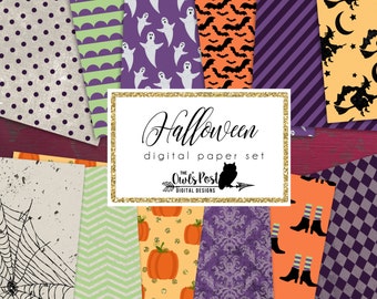 Halloween Digital Papers Set | Halloween Printables | Halloween Backgrounds | Halloween Pumpkins Witches Ghosts Bats | Set of 12 JPEG files