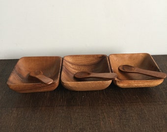 Vintage Wooden Condiment Bowls with Spoons