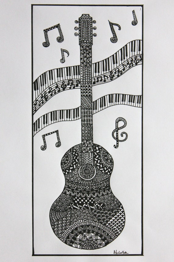Items similar to Guitar Zentangle, Music, Zentangle Art, Doodle Art