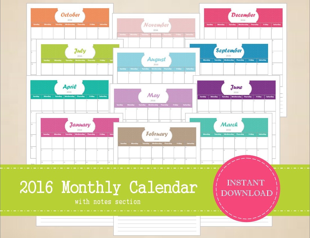 printable 2016 monthly calendar with notes by