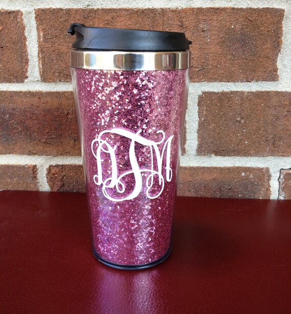 Pink Glitter 16oz Travel Coffee Mug Personalized Monogram