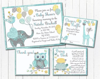 Neutral Baby shower printable invitation set elephant giraffe turtle girl boy digital invite with inserts Diaper Raffle yellow mint