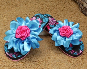 Blue & Pink Flower Flip Flops / Sandals