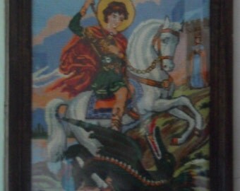 Unique Handmade Gobelin Tapestry Saint George dragon wooden frame glass