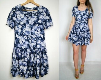 Floral mini dress babydoll white and blue empire waist vintage flowe print boho short sleeves S Small size