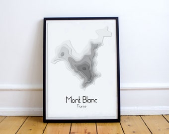 Mont Blanc Minimalist Map Poster, Mont Blanc relief minimalist map