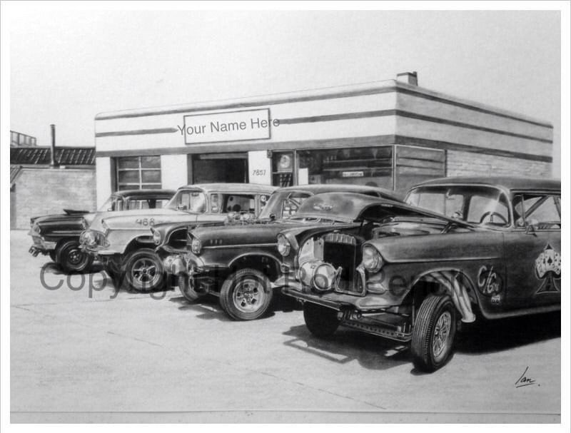 55-56-57 Chevy Gasser Customized Pencil Drawing Print