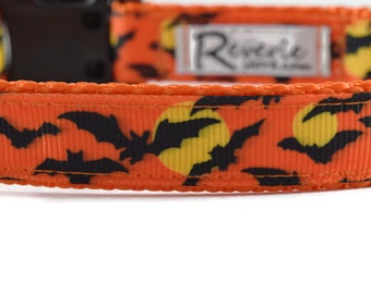 Bat dog collar, halloween dog collar, orange dog collar, moon dog collar, bats dog collar, spooky dog collar, fall dog collar