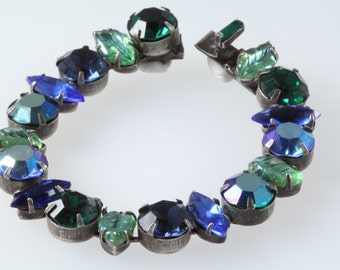 Regency signed Vintage bracelet rhinestone, Regency vintage jewelry, 1950s signed blue bracelet, poured glass vintage, birthday present gift