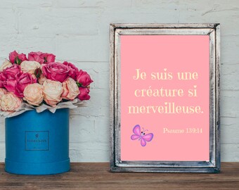 Affiche A4 avec Verset Biblique Psaume 139:14 Déco chambre enfant