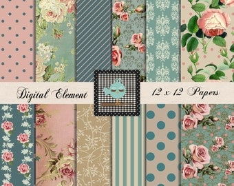 Digital Paper, Scrapbook Paper, Floral Rose Digital Paper, Pink Shabby Digital Scrapbook, Pink Vintage Rose Paper. No. V.7.14