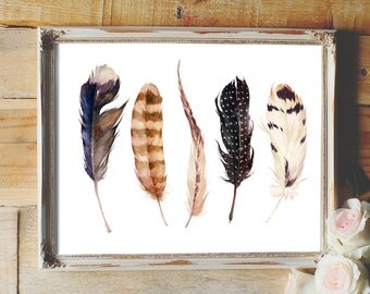 Feathers Wall Art, Printable, Print, feathers art, Tribal Wall Art, Tribal Print, Tribal Wall Decor, boy's room, Dorm Room, Watercolour
