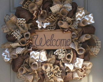 Welcome Wreath, Front Door Welcome Wreath, Earth Tones Wreath, Brown Welcome Wreath