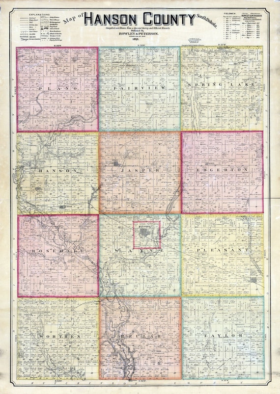 1893 Map of Hanson County South Dakota Alexandria