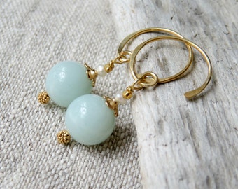 Green Stone Earrings, Amazonite Jewelry, Gold Hoops, Gemstone Dangle Earrings, Gift For Women, Gifts Under 50, Small Gifts, Friend Gifts