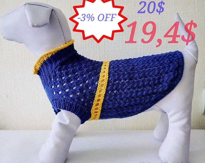 Blue Cotton Summer Dress For Dog. Handmade Knit Spring Clothes For Pets. Sweater for Dog. Dog Demi Season Clothes. Size M