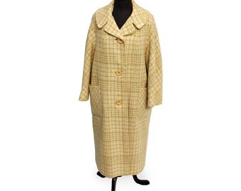 Vintage 1950s 3/4 Sleeve Windowpane Plaid Wool Coat