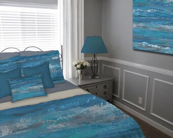 Duvet Cover, Gray teal turquoise blue, King Queen Twin, Designer home decor, Artistic bedding, Abstract art, Bedroom, Contemporary Modern