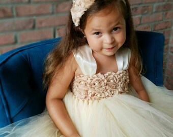 Beige flower girl dress,vintage dress,flower girl tutu dress,tulle flower girl dress,champagne flower girl dress,rustic flower girl dress